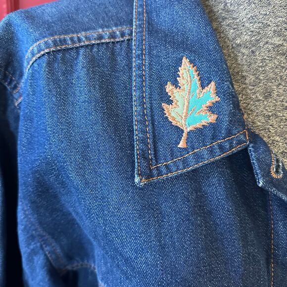 90s Y2K Denim Jacket Silver Threads Embroidered Leaf Jean Coat Women’s L Fall - Picture 15 of 15